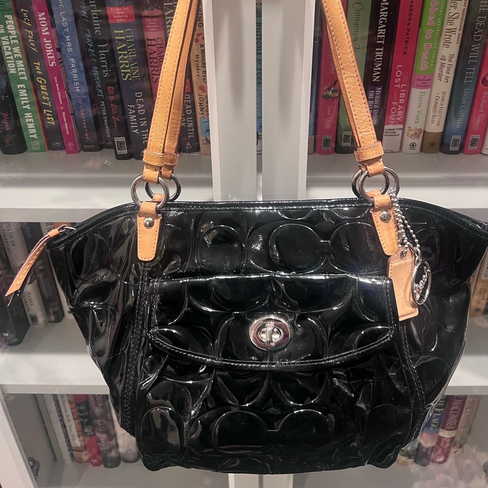 Coach Black Patent Shoulder Bag with Tan Straps